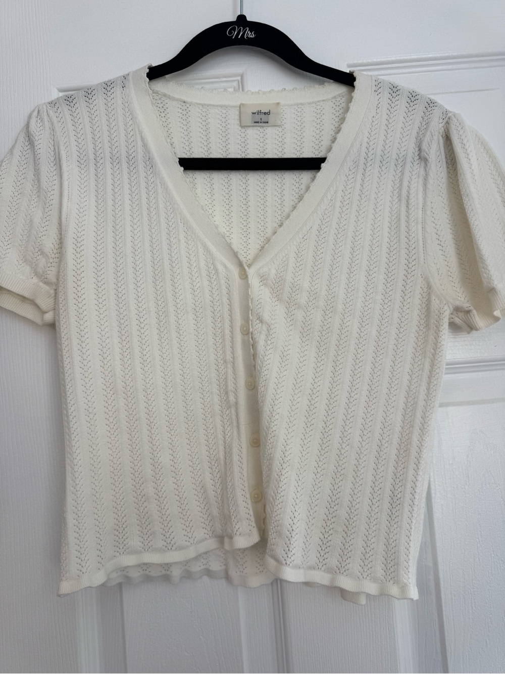 Wilfred Cream Eyelet Knit Button-Front Short Sleeve Top